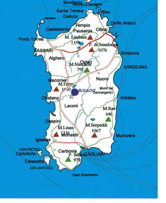 Cartina Sardegna. Al centro Busachi